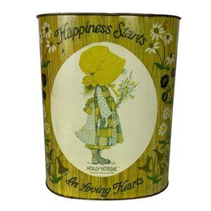 Vintage Cheinco Holly Hobbie Oval Metal Wastebasket Happiness Starts Made in USA